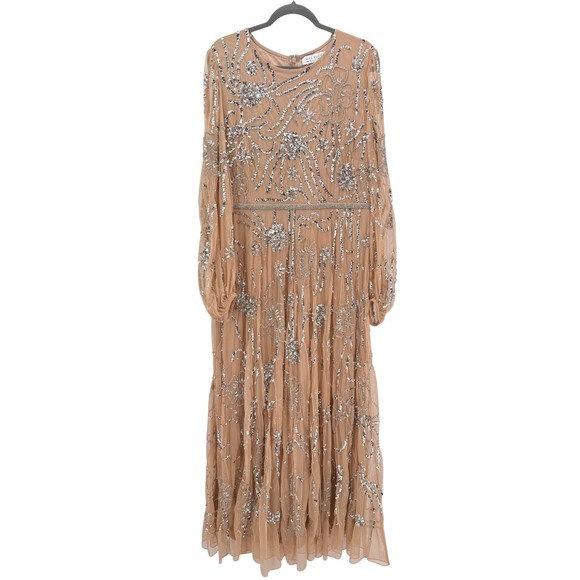 Mac Duggal Beige Embellished High Neck Puff Sleeve Gown $698 - Size 14 - Picture 5 of 14